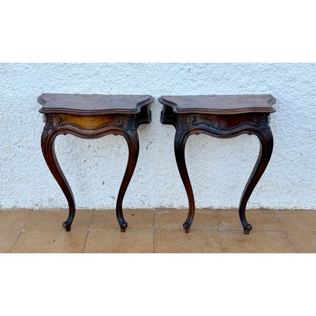 French 1930s Pair of French Louis XV Style Walnut Wall-Mounted Bedside Tables For Sale - Image 3 of 18