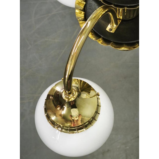 1930s Czechoslovak Art Deco Brass and Opaline Glass Chandelier, 1930s For Sale - Image 5 of 15