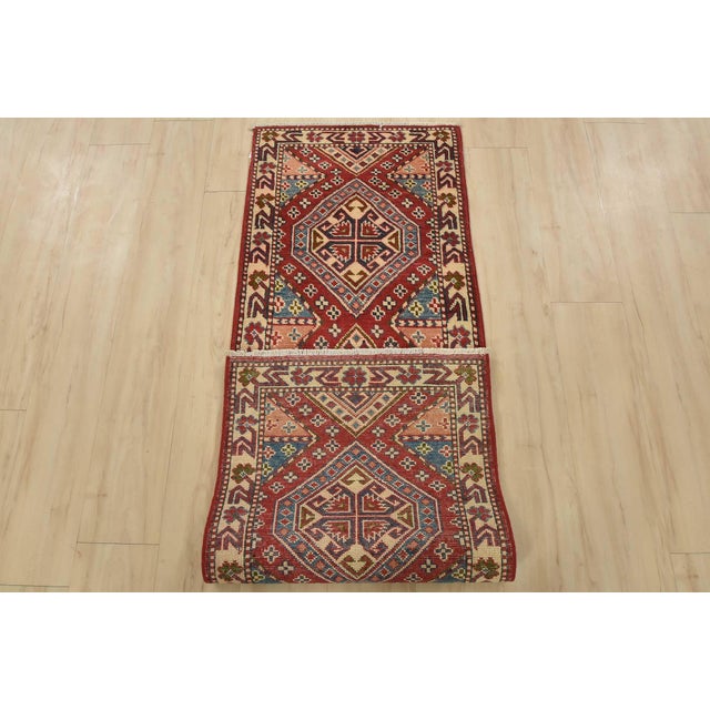 Kazak Runner 2’1” X 6’1” Red Wool Tribal Hand-Knotted Oriental Rug For Sale - Image 10 of 11