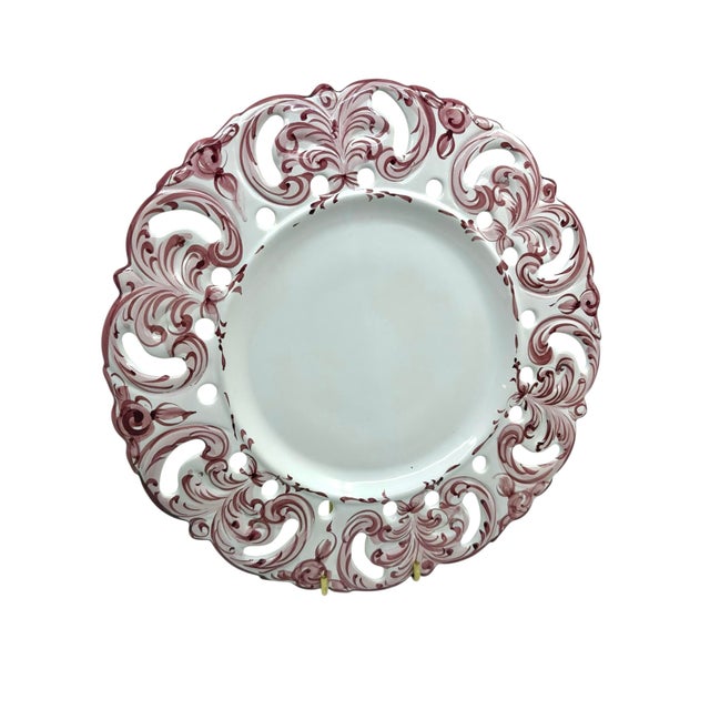 Vintage Pink and White Hand Painted Reticulated Platter - Made in Portugal For Sale - Image 4 of 10