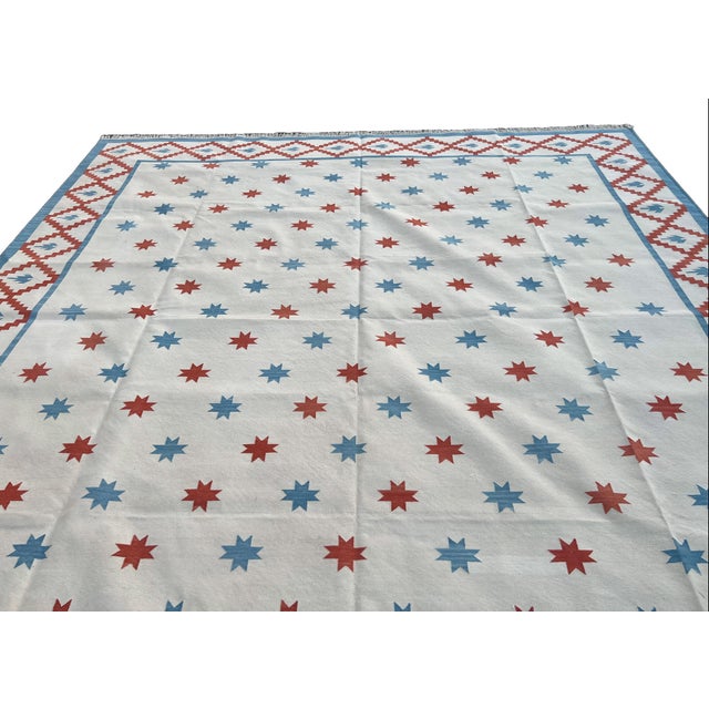 Handmade Cotton Vegetable Dyed Rug, White, Sky Blue and Terracotta Star Dhurrie-12'x15' For Sale - Image 10 of 13