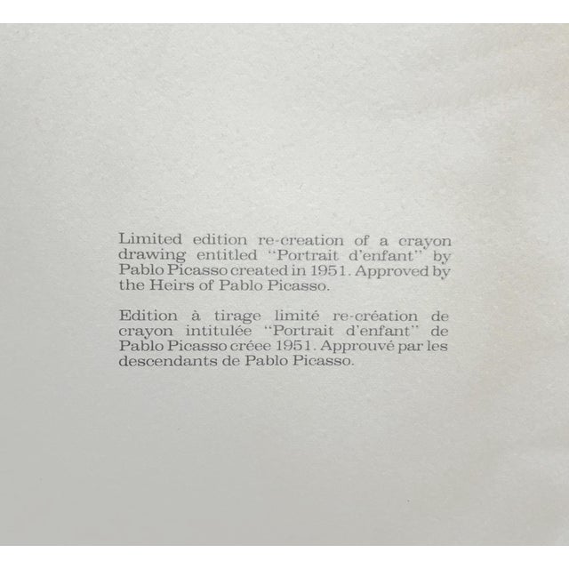 Pablo Picasso 1980s Pablo Picasso, Portrait d'Enfant (Marina Picasso Estate Hand Signed Lithograph) For Sale - Image 4 of 4