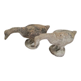 1950s French Weathered Concrete Garden Geese With Lichen Patina, Pair For Sale