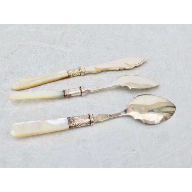 Three of a kind Mother of Pearl dinnerware pieces, Lovely pearl handles, and hallmarks on the back of each piece. Each...