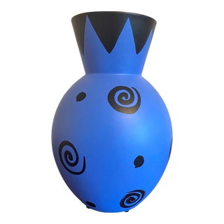 Late 20th Century Contemporary Hand Painted Blue Ceramic Vase, Made in Portugal For Sale