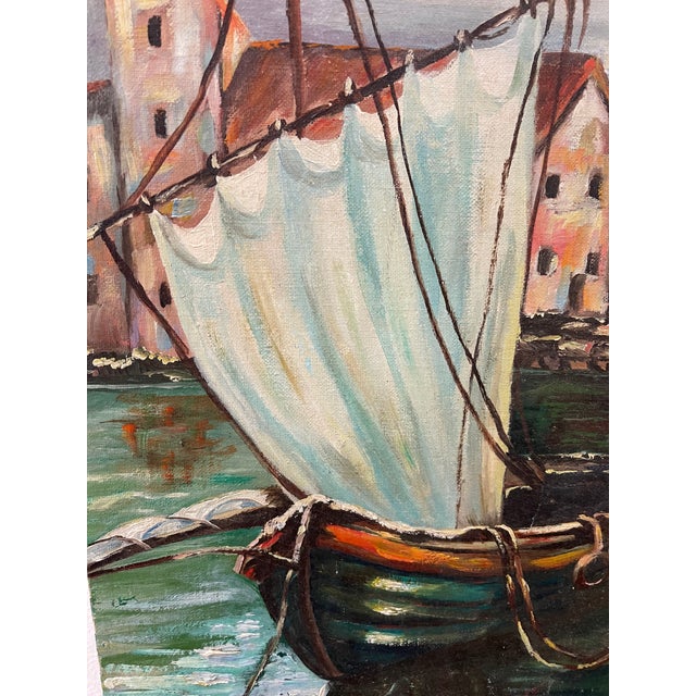 Coastal Vintage Impressionist Harbor Scene Painting on Canvas Board, Signed Ferguson, Coastal Sailboat Seascape For Sale - Image 3 of 8