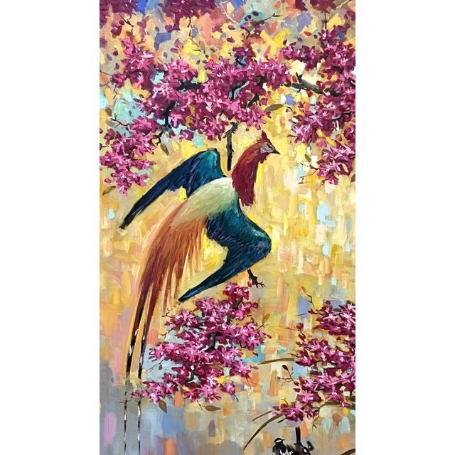 Signed Chinoiserie Painting of Florals and Birds on Canvas For Sale In West Palm - Image 6 of 12