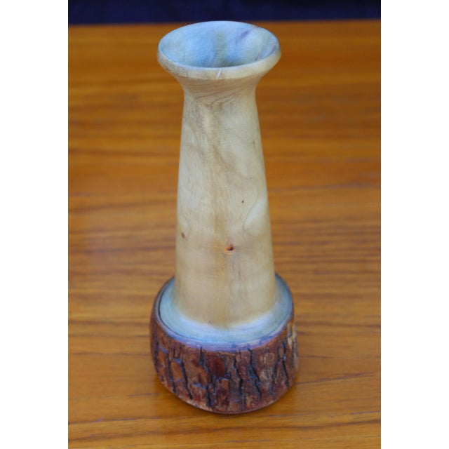 Bohemian rustic vase with exposed bark base, signed Rustic Plough Woodworking. Top diameter, 2.25".
