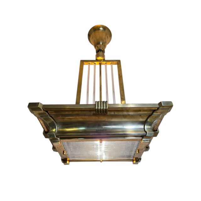 Art Deco Early 20th Century Rectangular Industrial Brass and Glass Rod Vintage Chandelier For Sale - Image 3 of 18