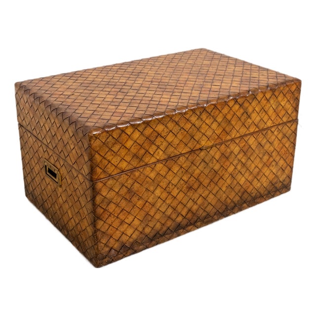 Maitland Smith Woven Leather Wrapped Lidded Chest Trunk For Sale