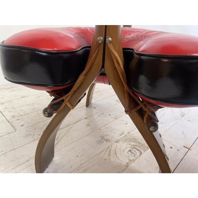 Red Mid-Century Camel Saddle or Footstool with Printed Red Leather For Sale - Image 8 of 18
