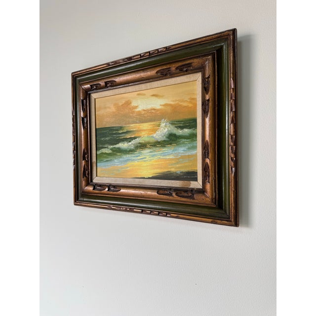 Mid-Century Modern 1980’s Vintage Sunset Ocean Landscape Oil on Canvas Painting – Unsigned For Sale - Image 3 of 11