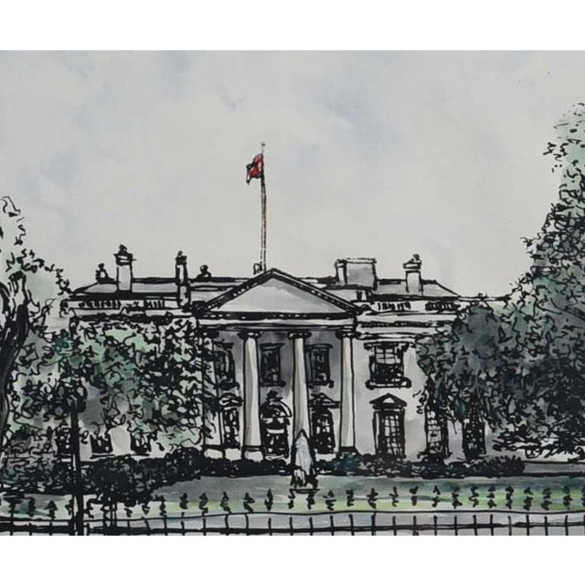 This framed watercolor painting, measuring 40" x 33", presents a picturesque view of the White House, likely from...