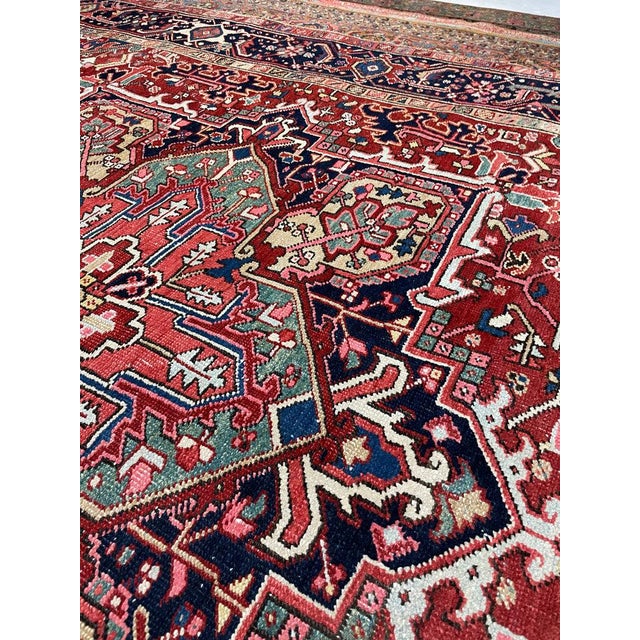 Antique Heriz Rug with Deep Denim Corners, Corals, Salmon, Cloud-Blue Rug 8 x 11.2 For Sale In Milwaukee - Image 6 of 7
