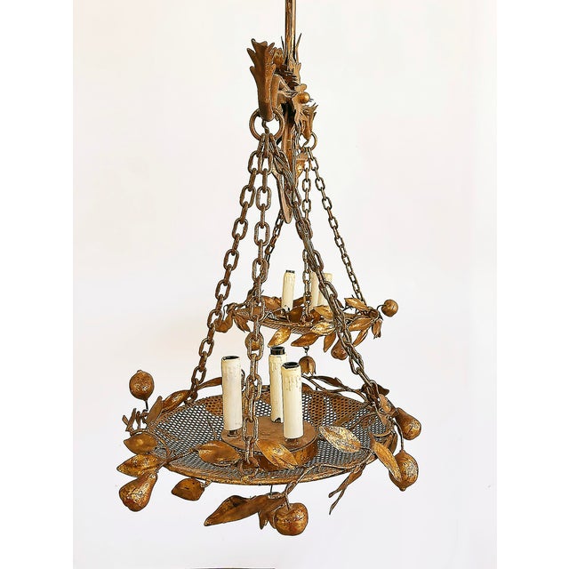 Italian Gilt Floral Tole Hanging Scales of Justice Chandelier Offered for sale is an Italian gilt tole hanging "Scales of...