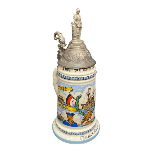 Vintage Naval Commemorative Beer Stein With Elaborate Pewter Lid. For Sale