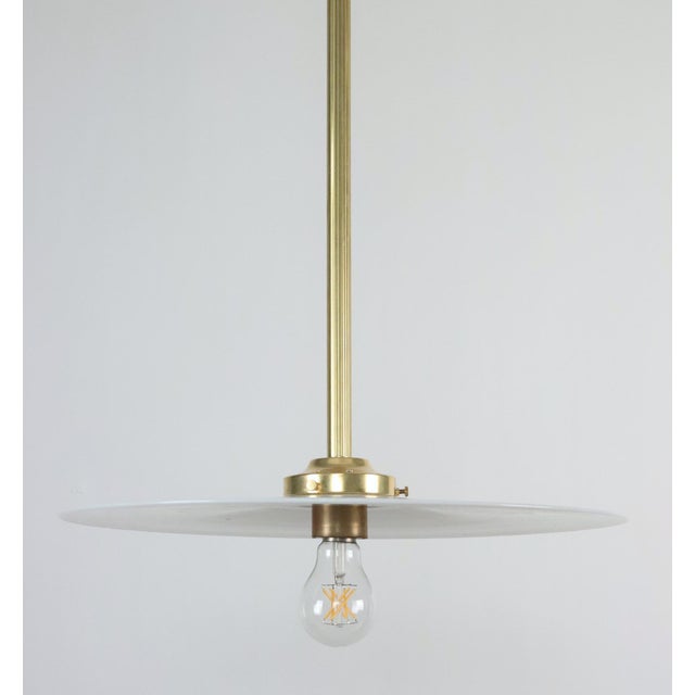 Mid 20th Century Industrial Flat Disc Milk Glass Brass Pole Pendant Light For Sale - Image 11 of 14