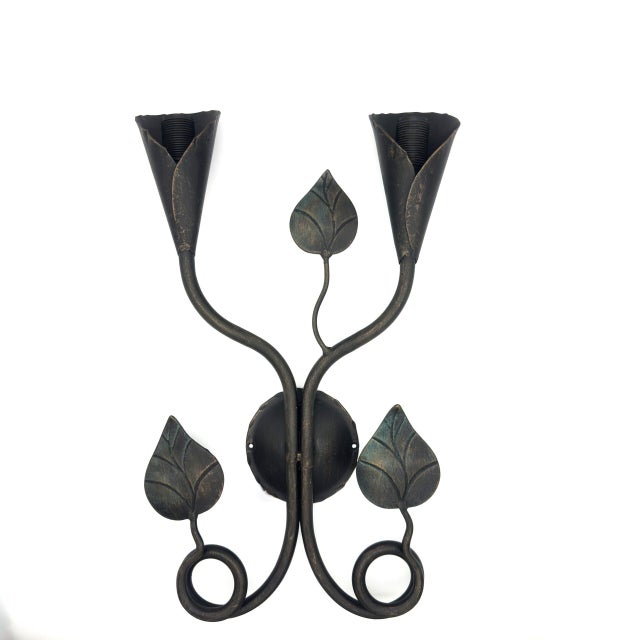 2020s Hand-Forged Wrought Iron Double Wall Sconce Body (Botanical Twin Lily Motif) Artistic Fixture For Sale - Image 5 of 5