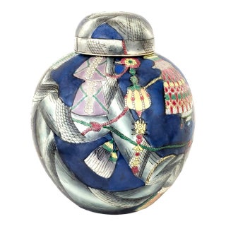 Vintage Hermes Gucci Style Chinese Porcelain Ceramic Ginger Jar With Tassels and Twisted Scarf Fabric For Sale