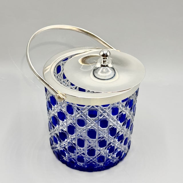Mid-Century Modern Art Glass Jars with Blue Cut in Clear Crystal Biscuit Barrels with Silver-Plated Mounts, 1950s, Set of 2 For Sale - Image 11 of 18
