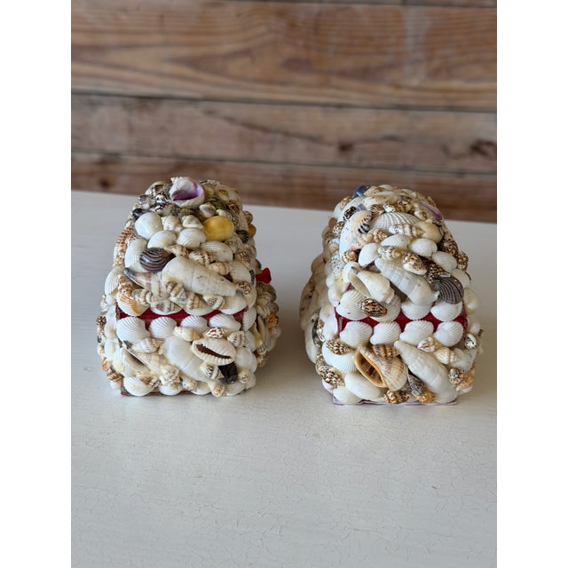 Off-white Pair of Vintage Shell Encrusted Velvet Lined Trinket or Ring Boxes For Sale - Image 8 of 11