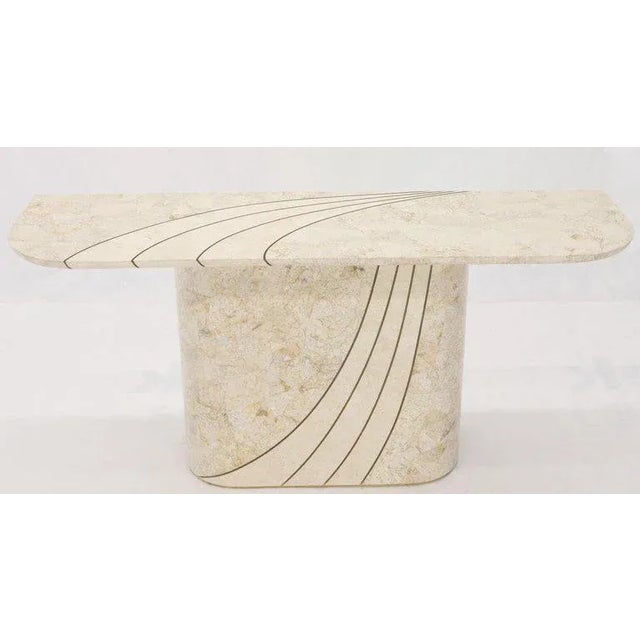 Tessellated Stone Veneer Tile Brass Inlay Pedestal Base Console Sofa Table For Sale - Image 12 of 12