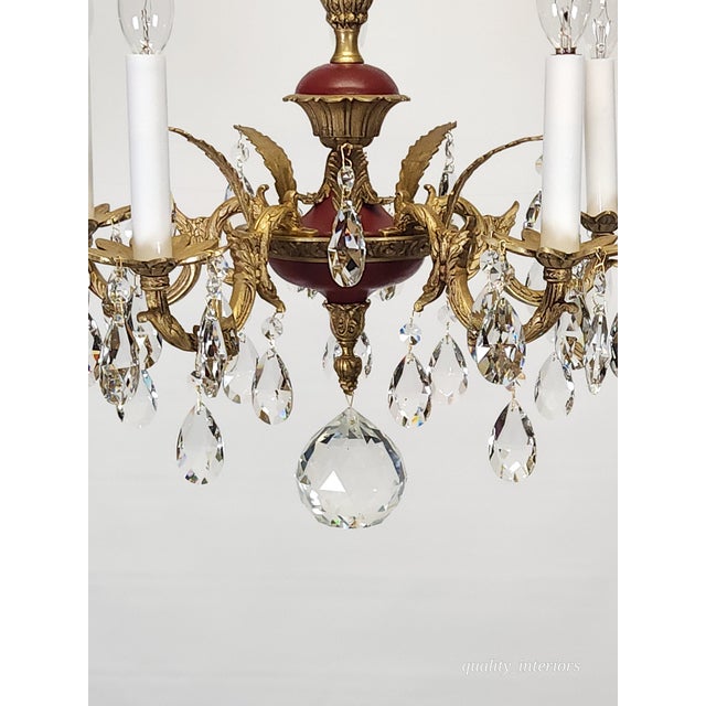 Antique 5 Arm Petite Oxblood Empire Brass Cut Lead Glass Crystal Chandelier For Sale - Image 4 of 18