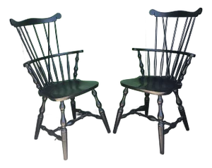 Early 20th Century Pair S. Bent & Brothers Ebonized Maple Fiddle / Fan Back Windsor Chairs Half Arm Chairs