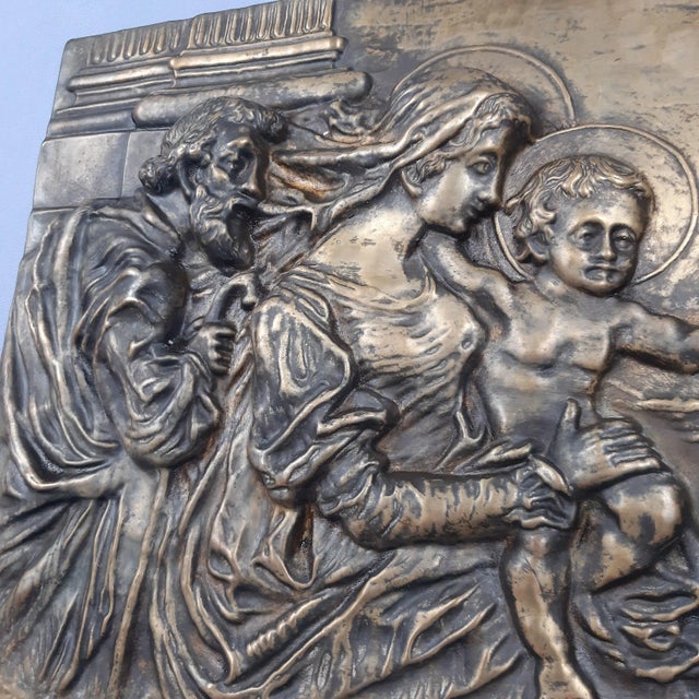 Brown Brass and Embossed Sheet Metal High Relief Panel with Holy Family Painting, 1940s For Sale - Image 8 of 11