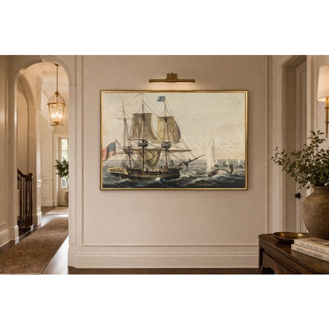 A refined maritime scene depicting a sailing vessel off the Newfoundland coast, originally created in the early 19th...