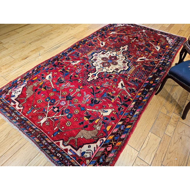 Vintage Persian Hamadan Gallery Area Rug, Hand-Knotted Wool, Tribal Bird Pattern, 6x10, Red & Navy For Sale In Chicago - Image 6 of 18