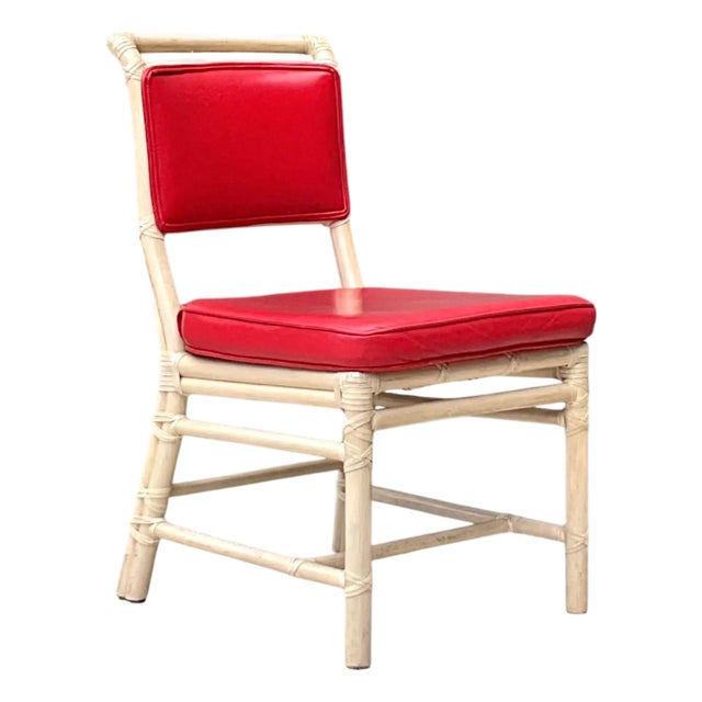 Vintage McGuire Red Upholstered Rattan Desk Chair For Sale