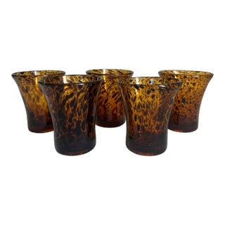Vintage Mouth Blown Flared Rimmed Tortoiseshell or Leopard Tumblers - Set of 5 For Sale