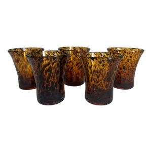 Vintage Mouth Blown Flared Rimmed Tortoiseshell or Leopard Tumblers - Set of 5
