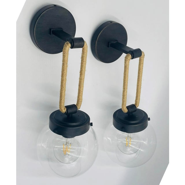 Visual Comfort Vintage Attributed to Visual Comfort Modern Jute Rope Wall Sconces Brass Finish With Glass Globes - a Pair For Sale - Image 4 of 17