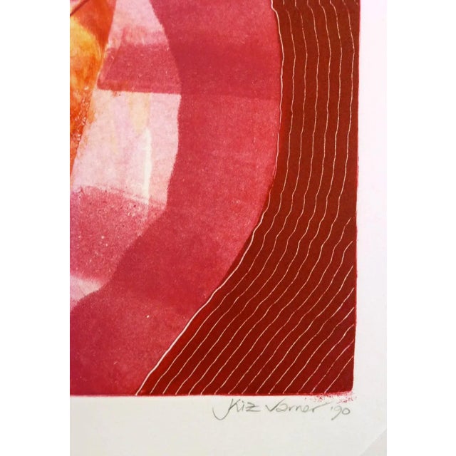 Vivid monotype abstract in warm tones of yellows and reds by American artist Kismine Varner, 1990. Signed and dated lower...