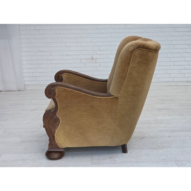 Danish Chair in Green Velour and Carved Oak, 1950s For Sale - Image 13 of 18