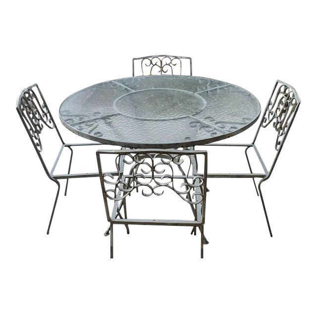 Vintage Wrought Iron Industrial Style Patio Table & 4 Chairs For Sale
