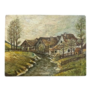 Beautiful Antique Oil Painting Small Village Scene, Circa 1900 For Sale