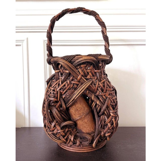 Large Antique Japanese Smoked Bamboo Basket Ikebana Mingei For Sale - Image 9 of 18