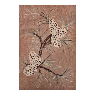 Vintage American Hand Hooked Rug, Handwoven Moth Pattern, Folk Art Tapestry, 2x3 For Sale