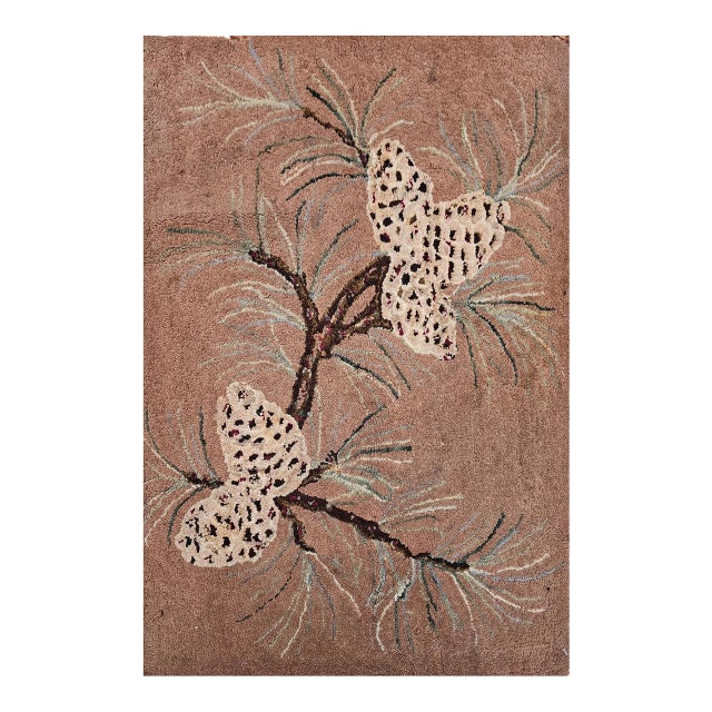 Vintage American Hand Hooked Rug, Handwoven Moth Pattern, Folk Art Tapestry, 2x3 For Sale