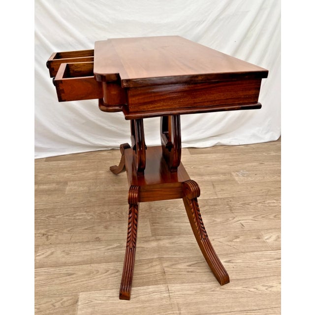 Chippendale 1960s Console Table Lyre Violin Double Harp Pedestal Base Two Drawers Carved Walnut For Sale - Image 3 of 10
