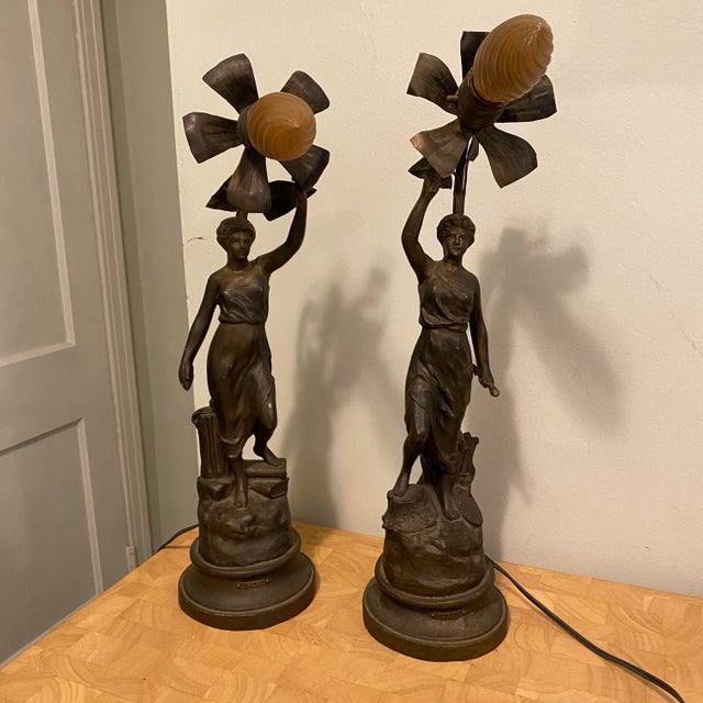 Late 19th-Century French Nouveau Arts Sciences Cast Spelter Figural Lamps - Set of 2 For Sale - Image 12 of 12