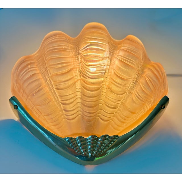 Pair Art Deco Shell Clam Shaped Pink Glass Brass Wall Sconce For Sale - Image 11 of 18