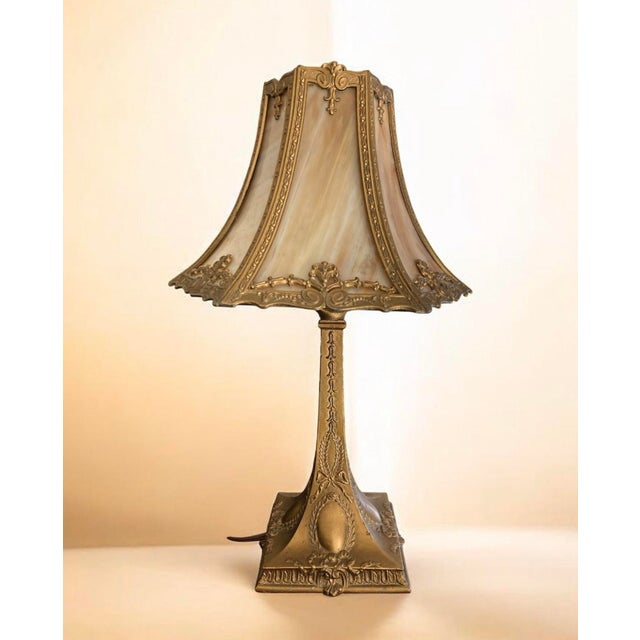 Tan Antique Art Deco Art Nouveau Boudoir Slag Glass Lamp For Sale - Image 8 of 9