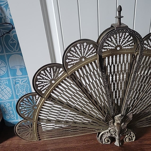 Art Deco Antique Fabulous Art Deco Double Griffin Brass Peacock Fan Fireplace Screen 1920 For Sale - Image 3 of 13