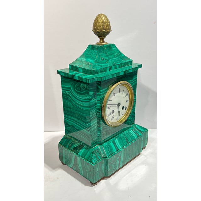 Late 19th Century 19th Century Malachite Veneered Mantel Clock and Obelisks Set- 3 Pieces For Sale - Image 5 of 9