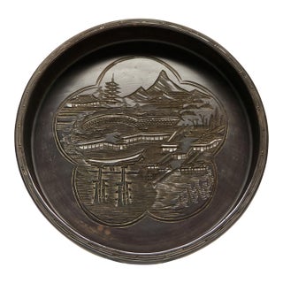 Round Carved Wooden Tray With Japanese Landscape Scene For Sale