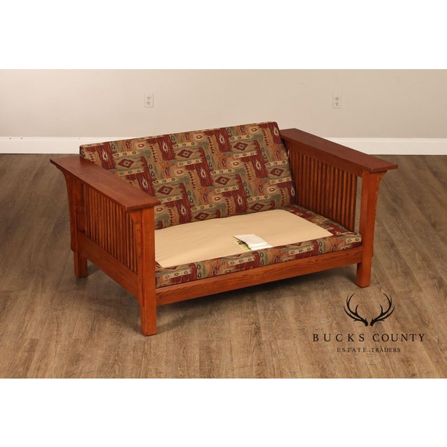 Bassett Furniture Mission Style Oak Spindle Settee For Sale - Image 11 of 17